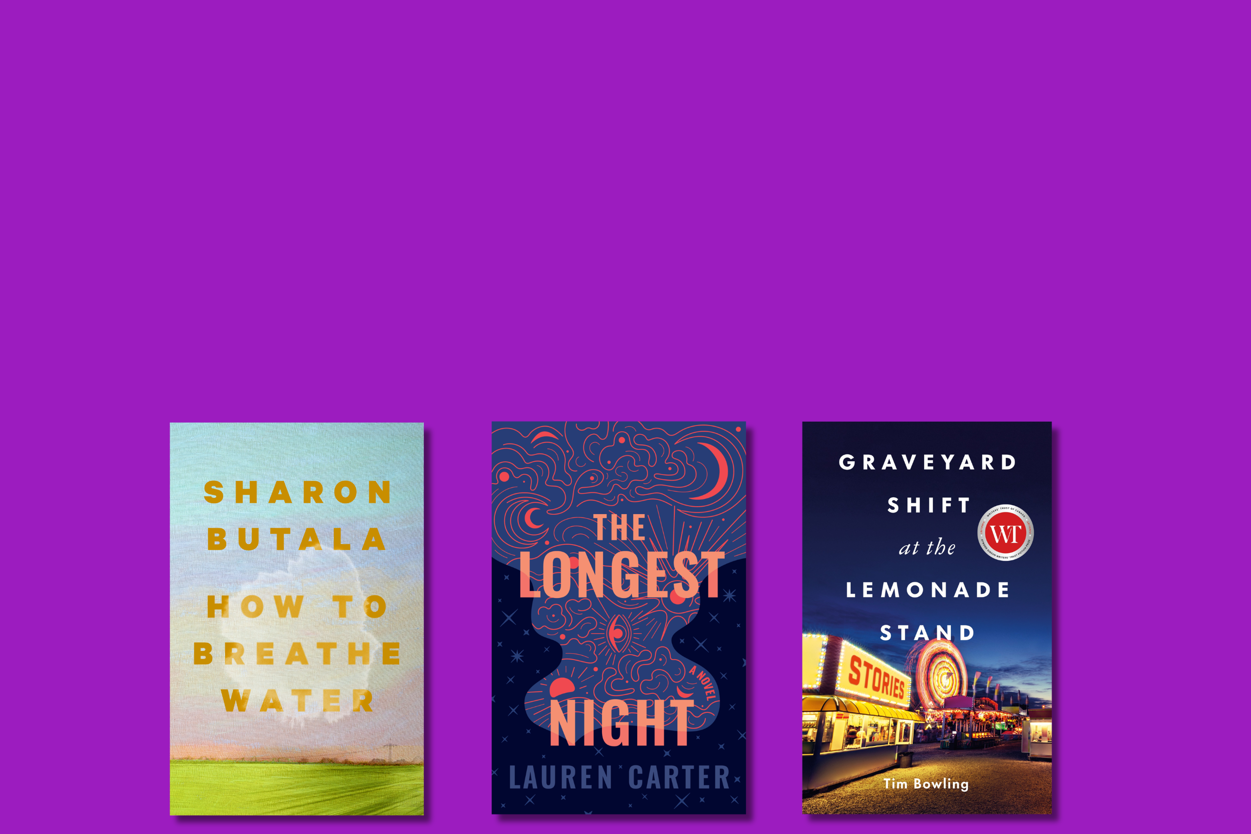 On a purple background, How to Breathe Water, The Longest Night, and Graveyard Shift at the Lemonade Stand.